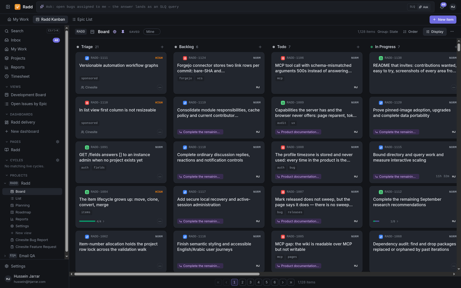 The board view of the RADD project on the live instance, dark theme